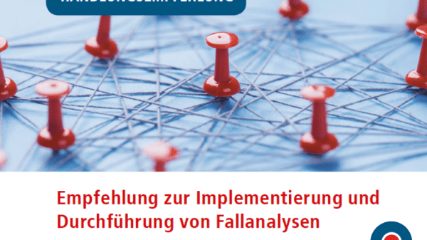 Titelblatt zur Publikation "Empfehlung zur Implementierung und Durchführung von Fallanalysen".