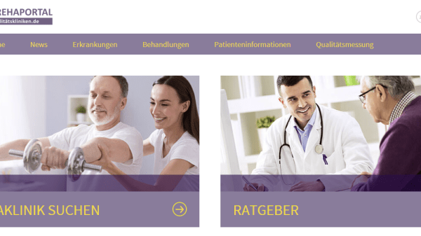 Screenshot der Webseite DAS REHAPORTAL mit Zugang zur Suche und zum Ratgeber