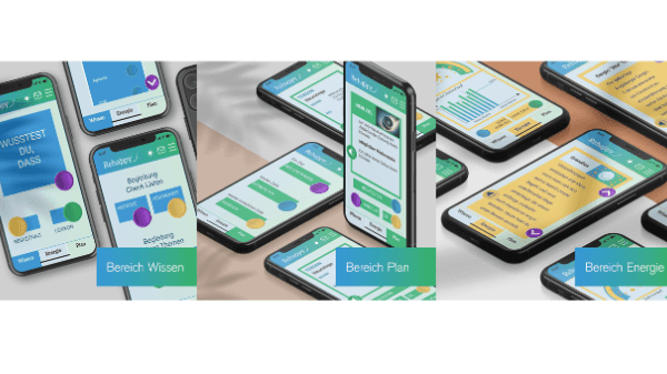Rehappy Banner mit Screenshots aus der App aus den Bereichen: Wissen, Plan und Energie.