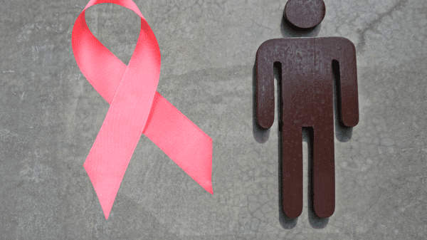 Rosa Schleife (Pink Ribbon) und Illustration einer Männerfigur als Symbolbilder für Brustkrebserkrankungen bei Männern
