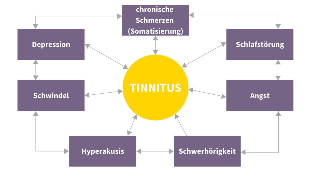 Übersichtsmodell - Wechselwirkungen zwischen Tinnitus und Belastungsfaktoren.